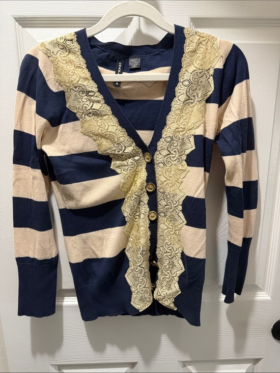 Charlotte from Anthropologie Sweaters - Anthropologie Charlotte - Striped Navy and Cream Lace-Trim Cardigan Sweater